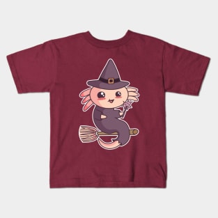 Halloween Axolotl Witch Cute Kawaii Salamander Lover Kids T-Shirt